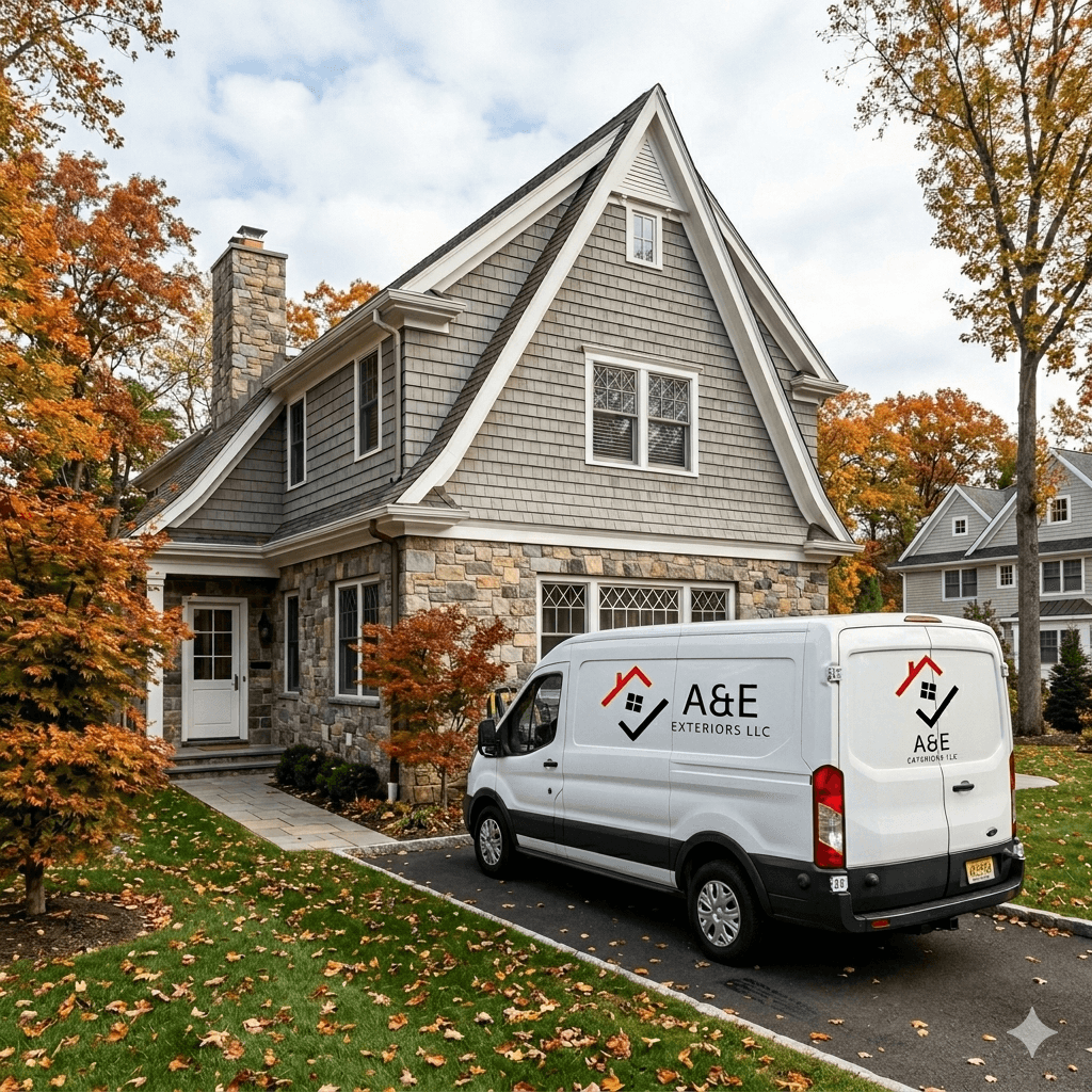 A&E Exteriors LLC branded van parked at a finished masonry and siding project in New Jersey